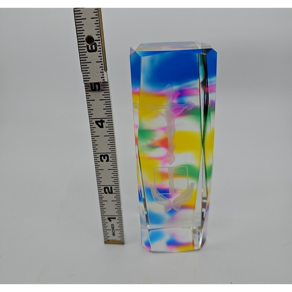 Christian Religious 3D Laser Etched Glass Rainbow Tie-Dye Jesus Paperweight - Picture 5 of 6